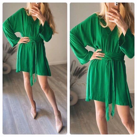 H&M Kaftan Dress Belted Green Short Oversized New - Picture 2 of 8